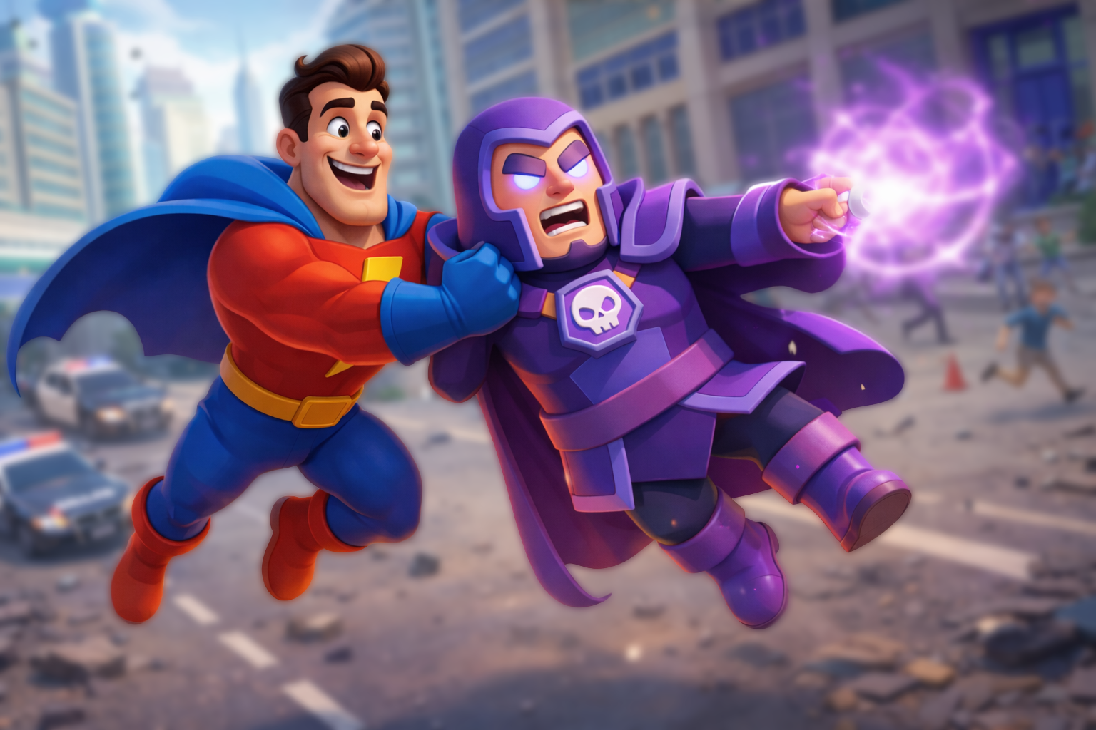 A red-suited hero grapples a purple villain above a city street.